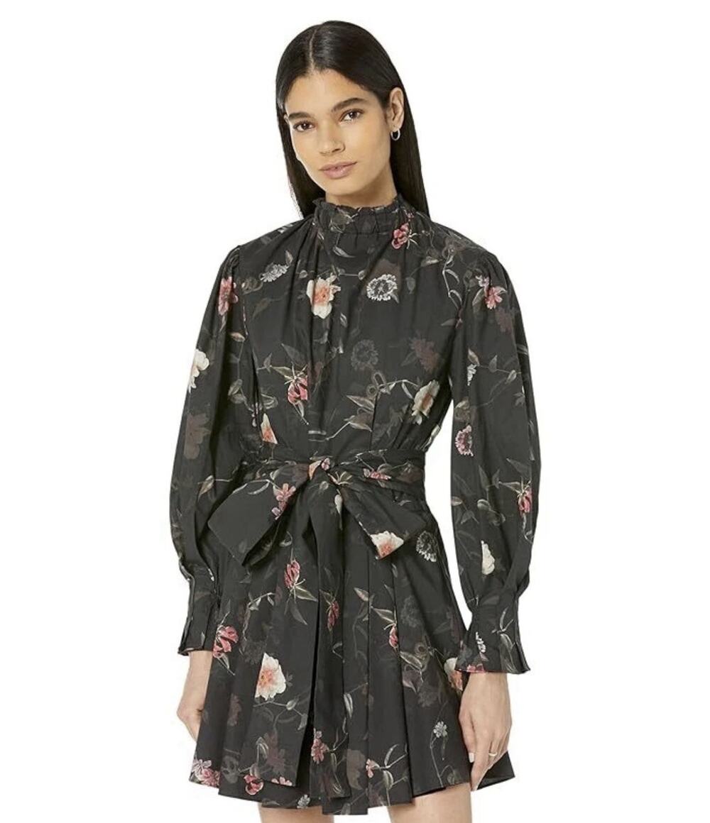 AllSaints Luna Kaneshon Floral Pleat Long Sleeve Mock Neck Dress Black, Size 8